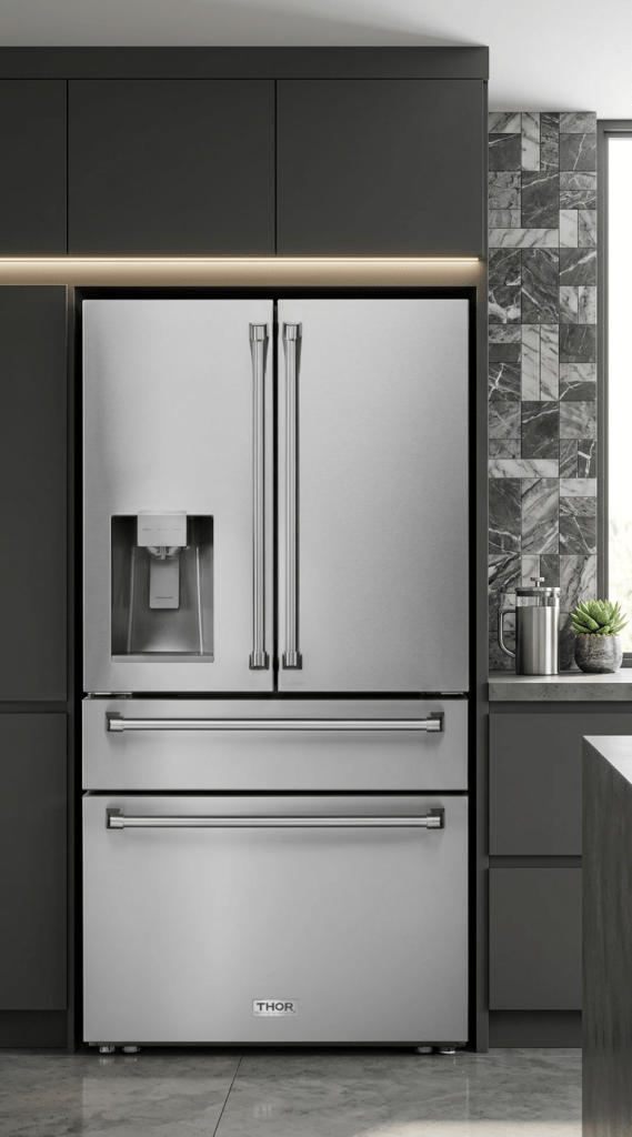 Stainless steel French door refrigerator with water dispenser and bottom freezer drawers